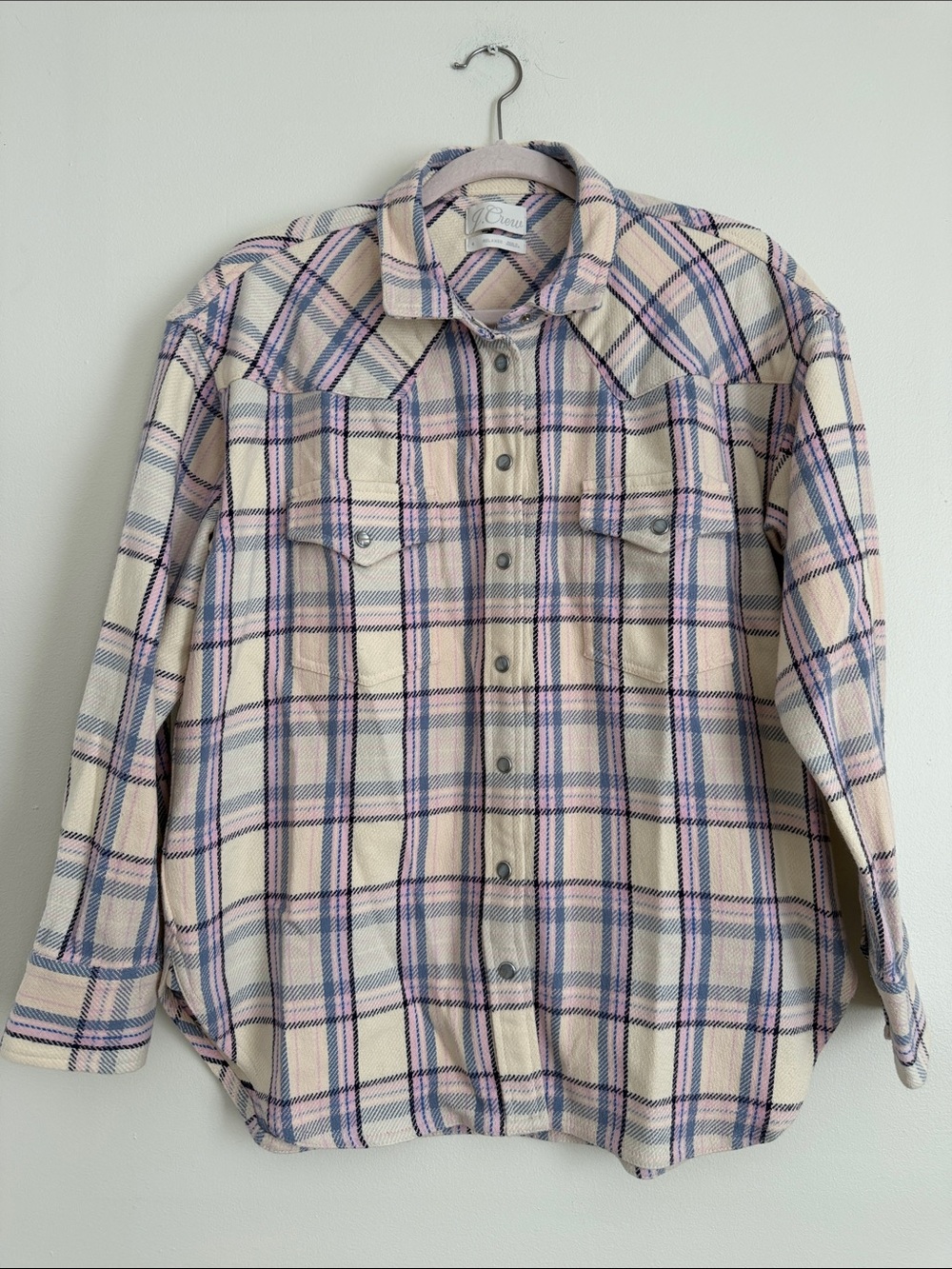 J. Crew Cream Plaid Button-Up Shirt Jacket with Pink and Blue Checks